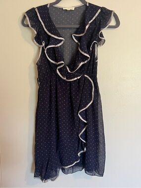 Mind Code Navy Ruffle Wrap-Style Mini Dress with White Trim Stars Polka Dot